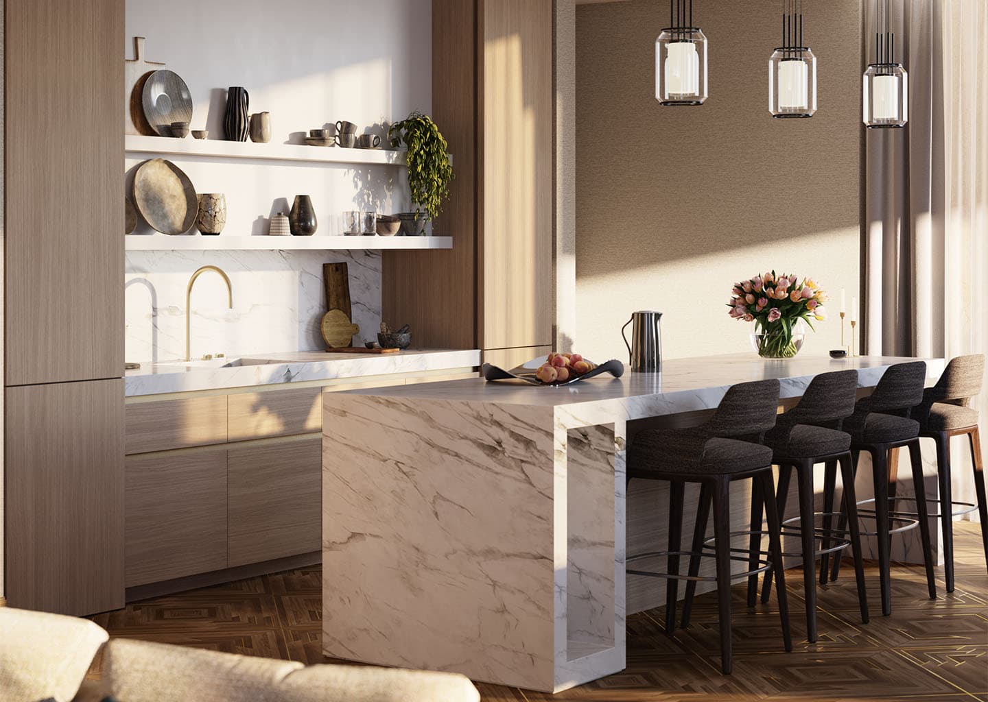 A kitchen with stone island