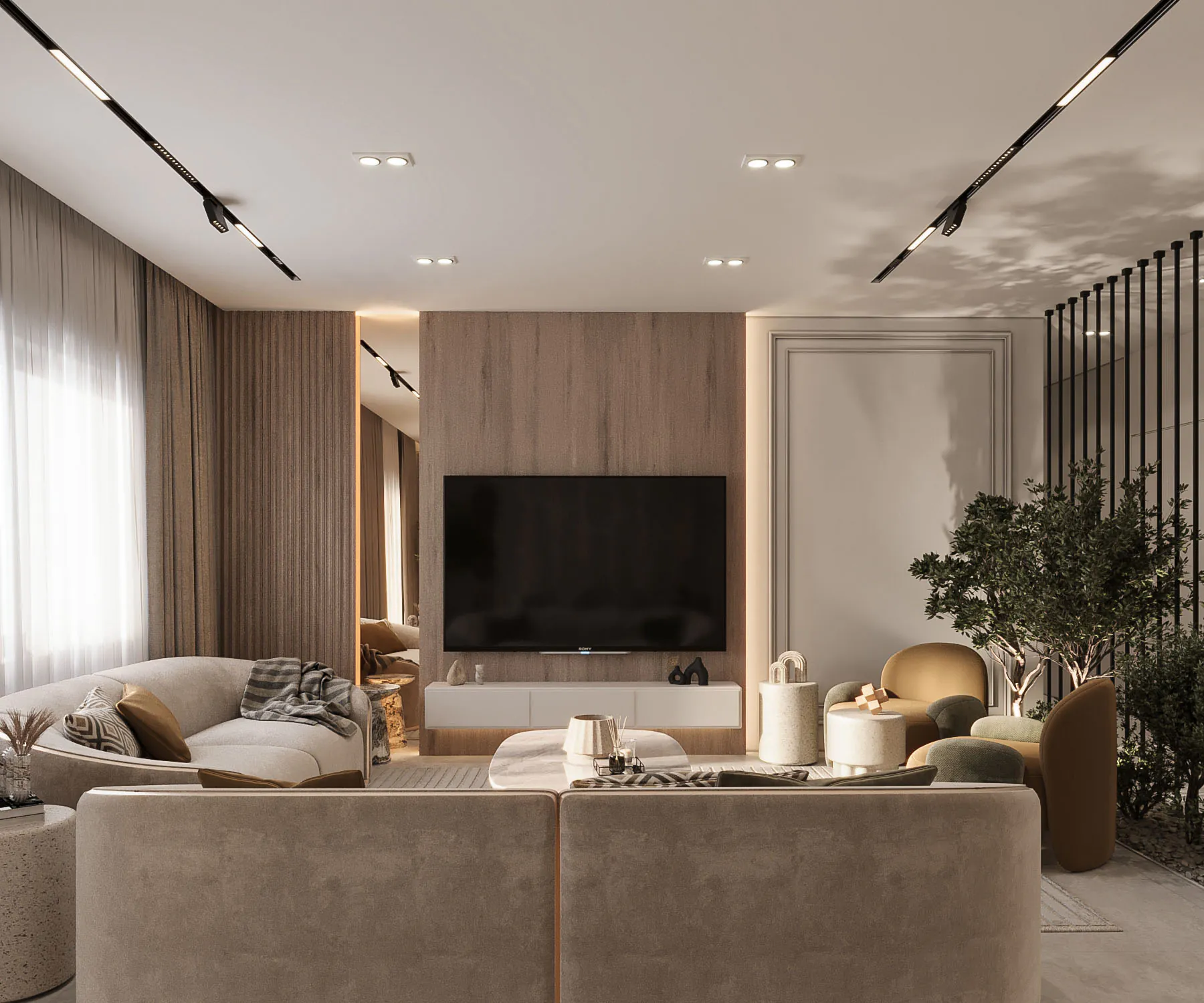 تصور من المطور لغرفة معيشة في إحدى شقق خيالا شمال جدة، ضمن التصميم الداخلي النموذجي