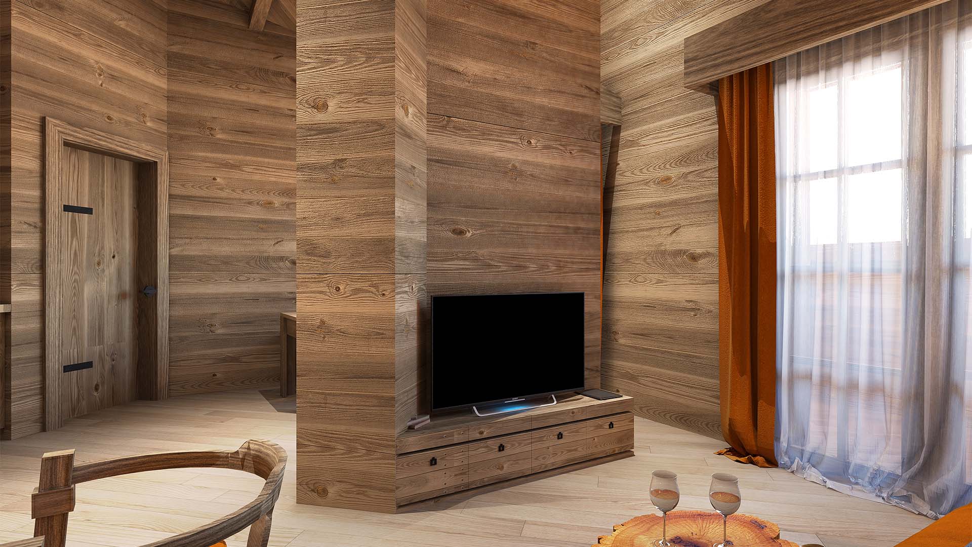 A timber-lined living room