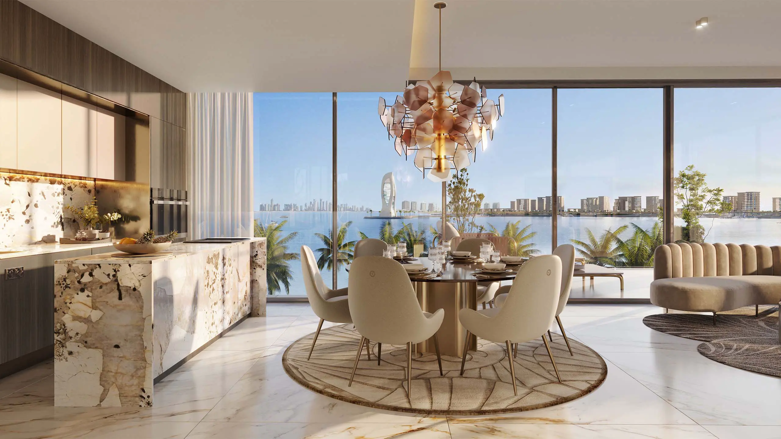 A dining room and kitchen
