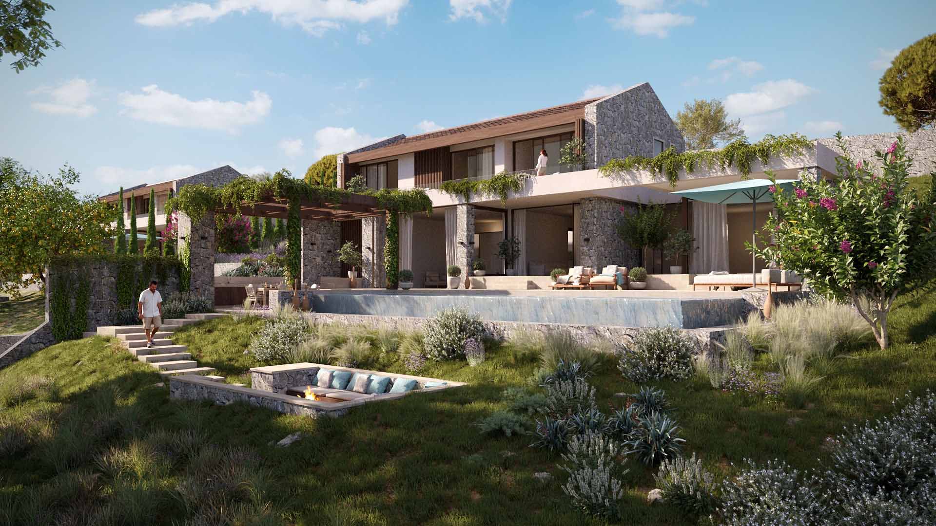 A hillside villa and pool