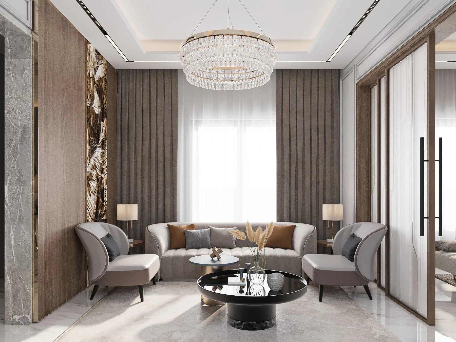 تصور من المطور لغرفة معيشة في مشراف الماجدية بالمدينة المنورة، ضمن التصميم الداخلي النموذجي