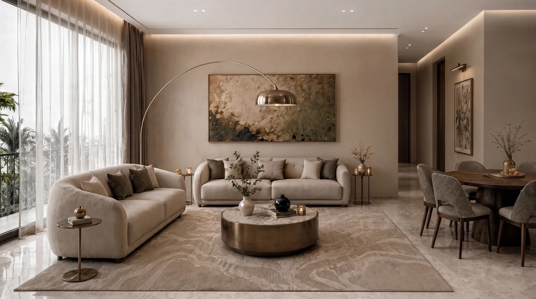 Open-plan apartment living and dining room with full-height windows and warm neutral finishes