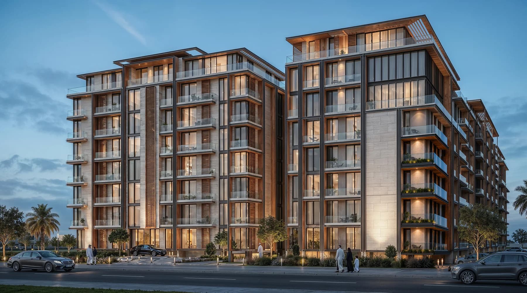 North-east road view of the layered stone, glass and timber façades at Padel Living Residences
