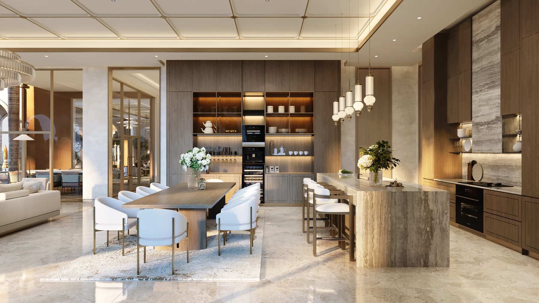 A fitted dining room and kitchen, finished in marble and warm wood