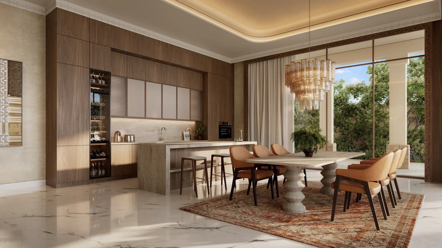 The show kitchen and dining room of a fully fitted mansion