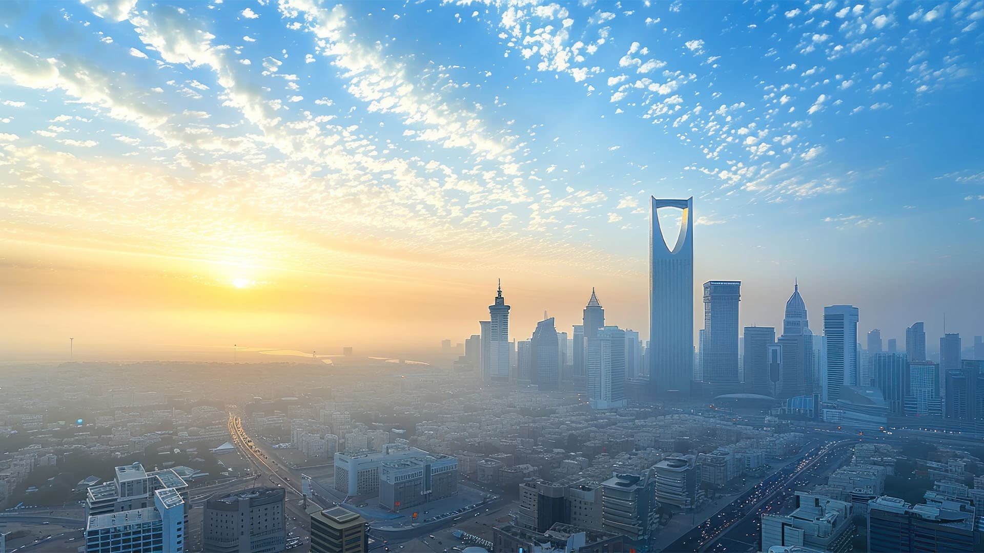 Sovereign-backed Gulf waterfront at dusk