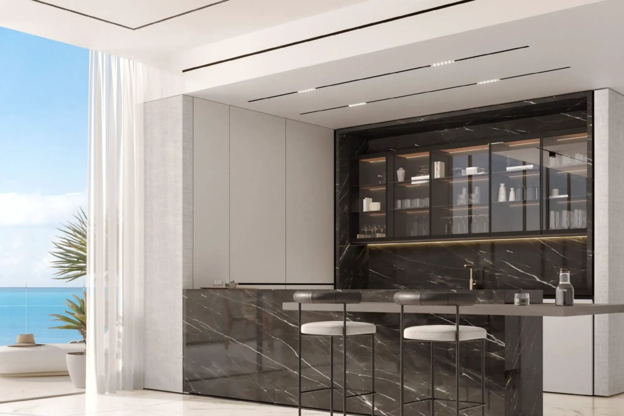 A kitchen and bar in marble