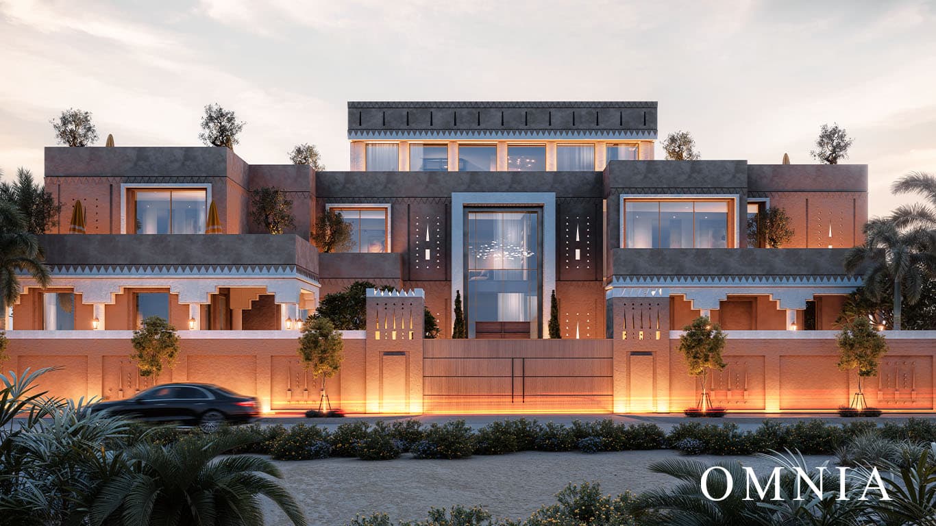 A gated residential community on the edge of Riyadh, with walled villas and controlled access