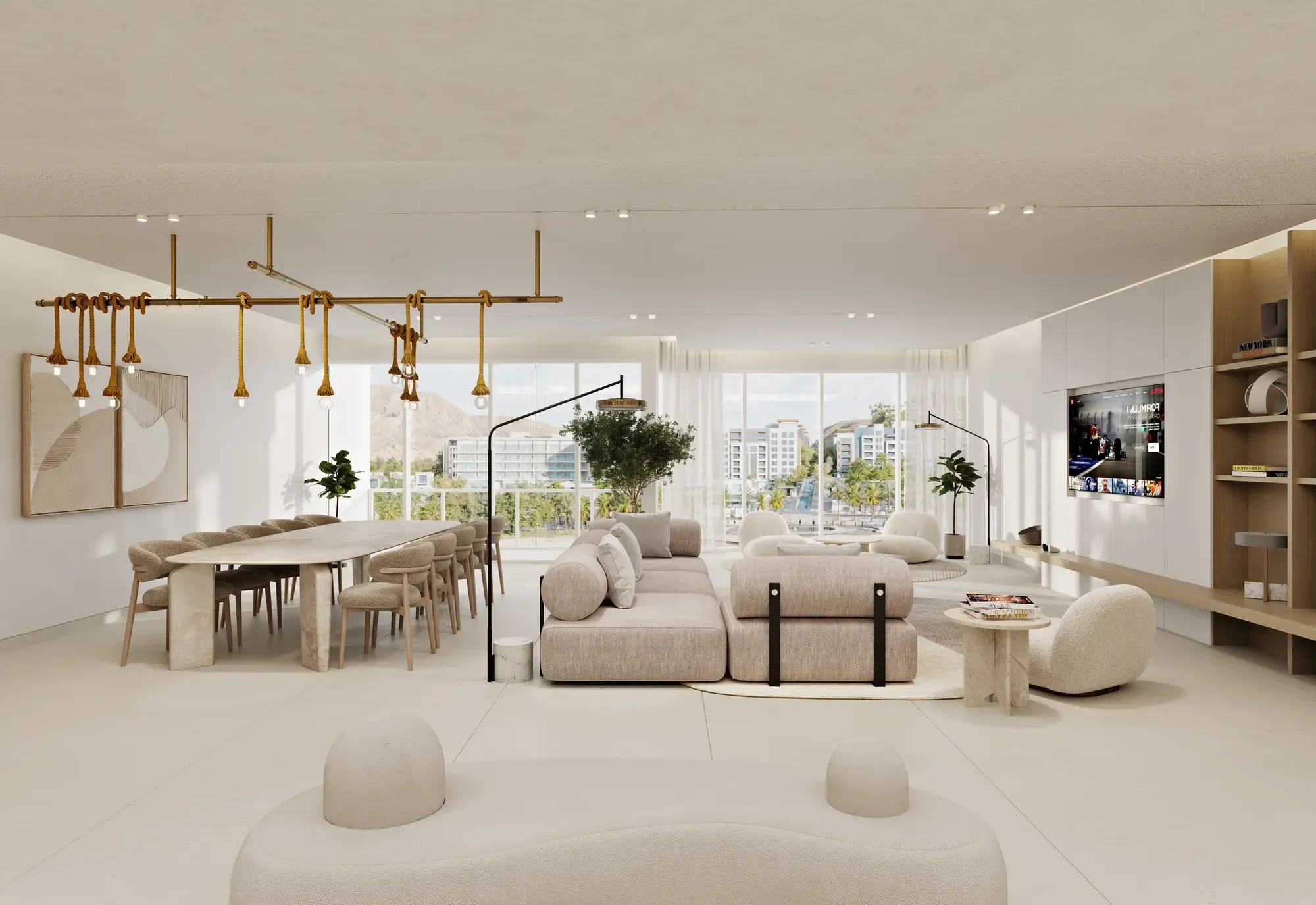 Render of Onda Signature four bedroom living and dining room at The Arc